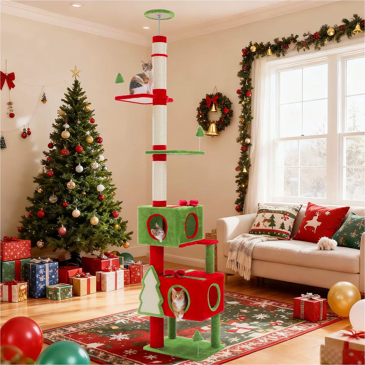 Weihnachts-Kratzbaum Vom Boden Bis Zur Decke, 231–274 Cm, Weihnachtsfest-Katzenturm Mit Rotem Eigentumswohnung, Automatisch Bedeckter Kratzbaum Für Katzen
