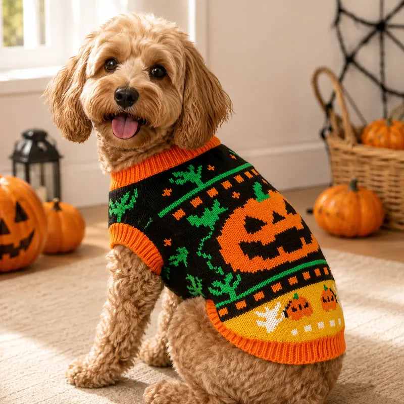 AUROTH Cozy Halloween Knitted Sweater for Small to Medium Dogs and Cats, Featuring Pumpkin and Ghost Design, Perfect Fall Outfit for Pets