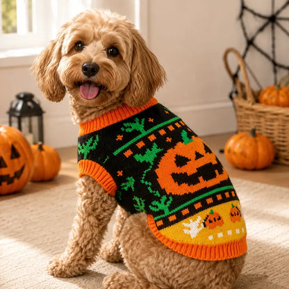 AUROTH Cozy Halloween Knitted Sweater for Small to Medium Dogs and Cats, Featuring Pumpkin and Ghost Design, Perfect Fall Outfit for Pets