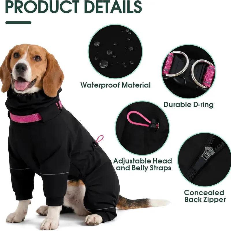 Kuoser Waterproof Dog Raincoat - Reflective Outdoor Pet Apparel with Adjustable Hood, Leash D-Ring, and 8-Leg Design for Full-Body Coverage in Lightweight Fabric for Small, Medium, and Large Dogs (Pink, Black)