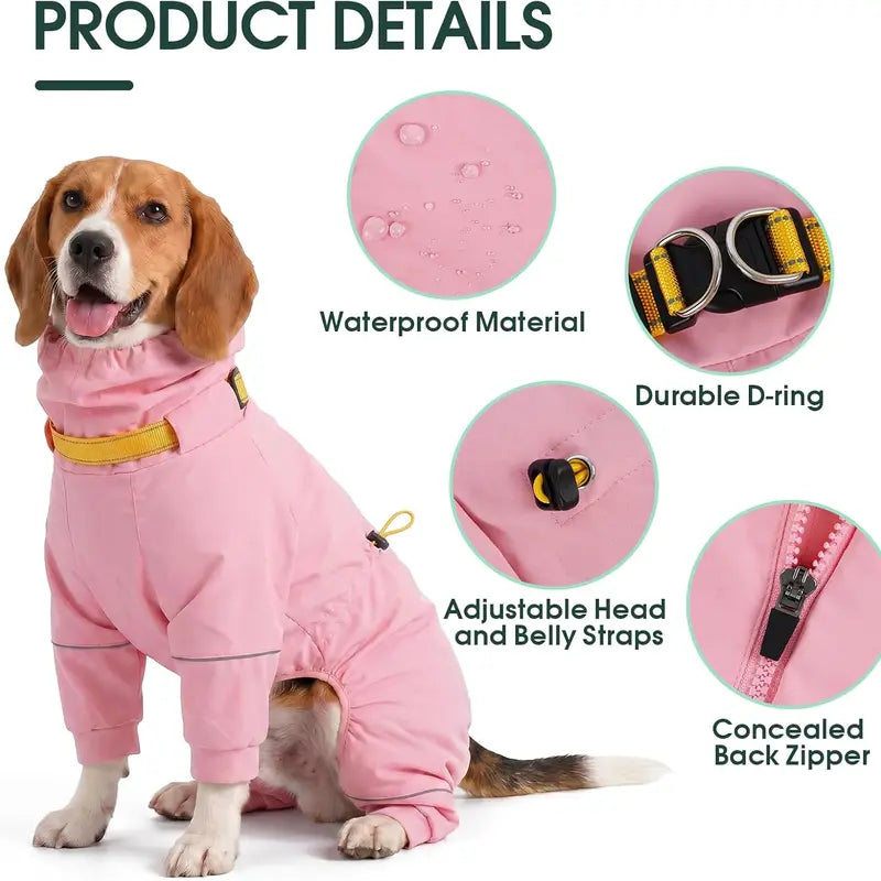 Kuoser Waterproof Dog Raincoat - Reflective Outdoor Pet Apparel with Adjustable Hood, Leash D-Ring, and 8-Leg Design for Full-Body Coverage in Lightweight Fabric for Small, Medium, and Large Dogs (Pink, Black)
