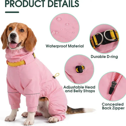 Kuoser Waterproof Dog Raincoat - Reflective Outdoor Pet Apparel with Adjustable Hood, Leash D-Ring, and 8-Leg Design for Full-Body Coverage in Lightweight Fabric for Small, Medium, and Large Dogs (Pink, Black)