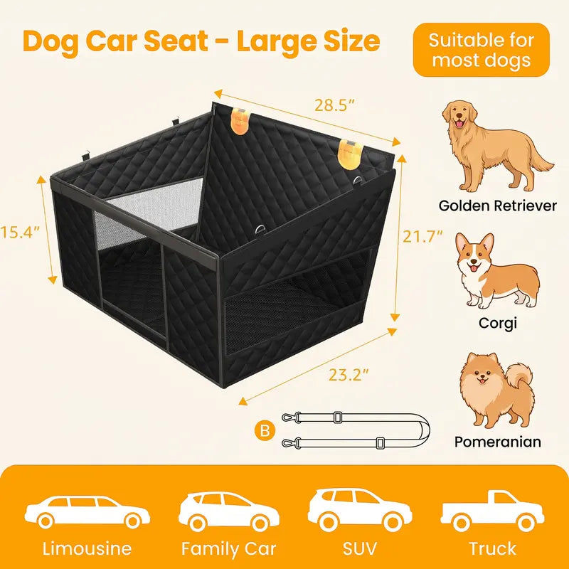 Premium Large Dog Car Seat with Triple Mesh Windows - Waterproof, Stable, Ventilated Quilted Back Seat Extender with Rigid Base, Ideal Protection Cover for Vehicles