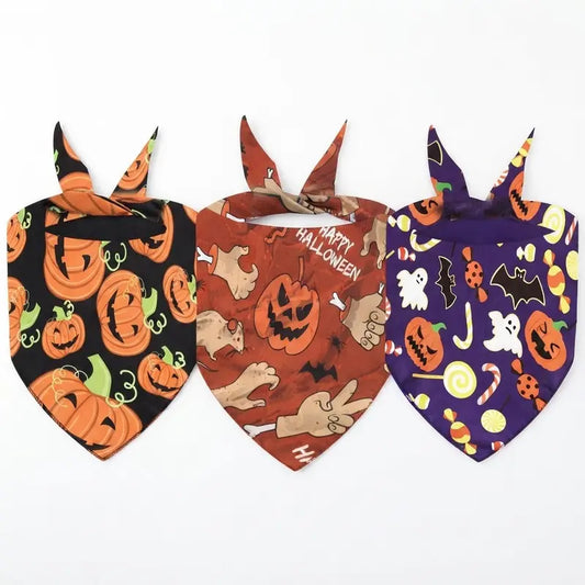 3-Pack Adjustable Pet Bandanas for Dogs and Cats, Lightweight Polyester Holiday Prints for Halloween and Christmas (2 Styles)