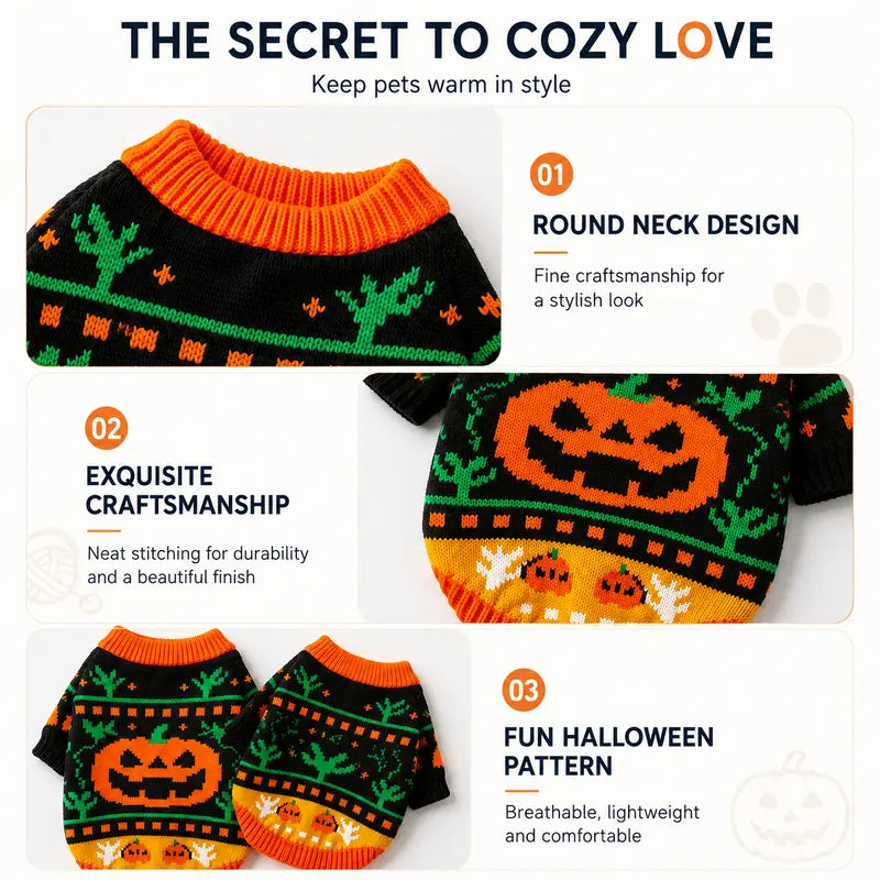 AUROTH Cozy Halloween Knitted Sweater for Small to Medium Dogs and Cats, Featuring Pumpkin and Ghost Design, Perfect Fall Outfit for Pets
