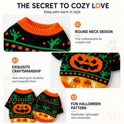 AUROTH Cozy Halloween Knitted Sweater for Small to Medium Dogs and Cats, Featuring Pumpkin and Ghost Design, Perfect Fall Outfit for Pets