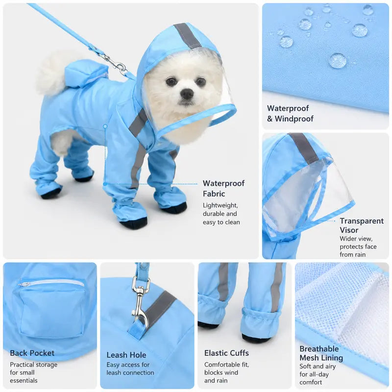 Small Dog Waterproof Poncho - Classic Solid Full Coverage Coat with Transparent Face Shield, Integrated Foot Covers, Breathable Mesh, and Visibility Strips for Enhanced Safety on Rainy Walks