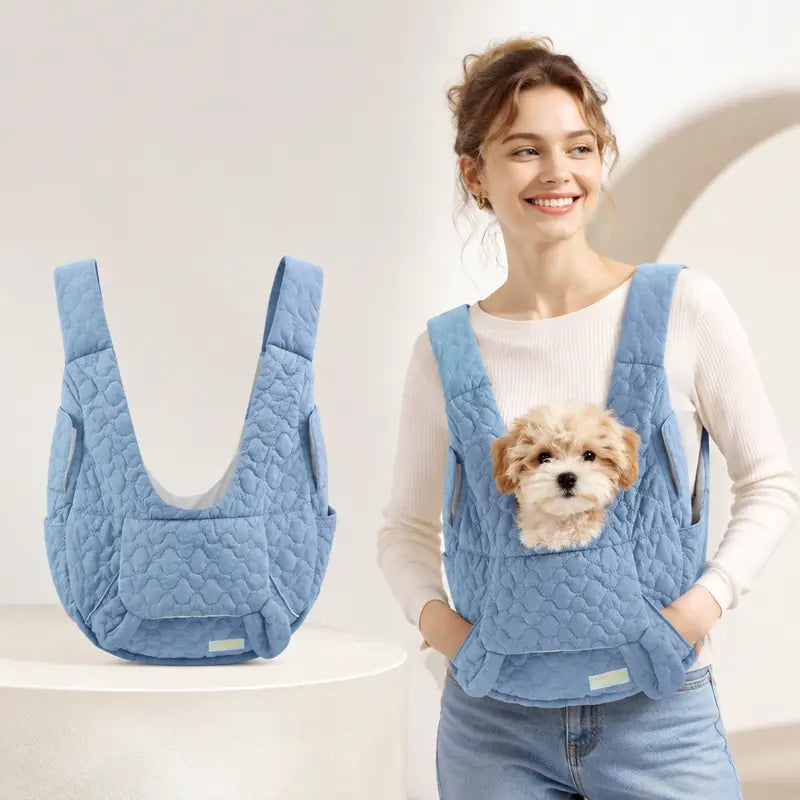 Quilted Front Carrier Backpack for Small Dogs and Cats - Hands-Free Travel Sling with Front Pocket for Outdoor Walking