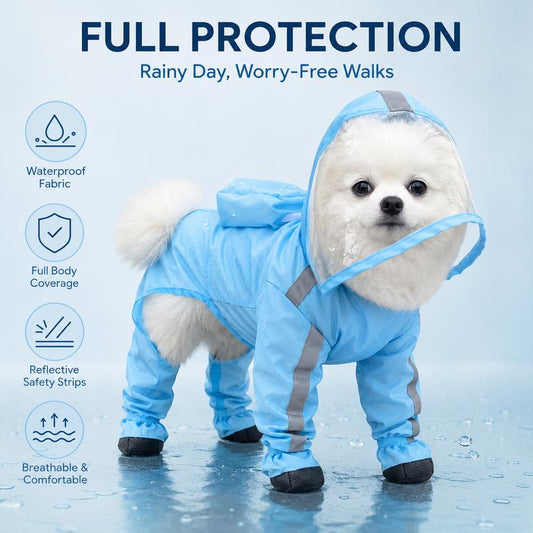 Small Dog Waterproof Poncho - Classic Solid Full Coverage Coat with Transparent Face Shield, Integrated Foot Covers, Breathable Mesh, and Visibility Strips for Enhanced Safety on Rainy Walks