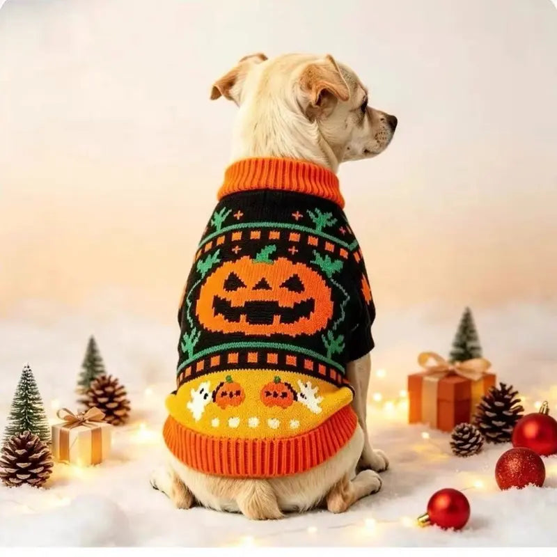 AUROTH Cozy Halloween Knitted Sweater for Small to Medium Dogs and Cats, Featuring Pumpkin and Ghost Design, Perfect Fall Outfit for Pets