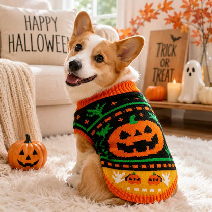AUROTH Cozy Halloween Knitted Sweater for Small to Medium Dogs and Cats, Featuring Pumpkin and Ghost Design, Perfect Fall Outfit for Pets
