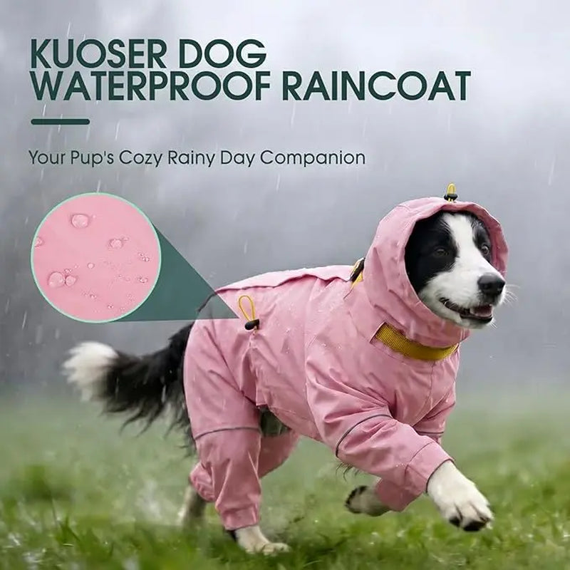 Kuoser Waterproof Dog Raincoat - Reflective Outdoor Pet Apparel with Adjustable Hood, Leash D-Ring, and 8-Leg Design for Full-Body Coverage in Lightweight Fabric for Small, Medium, and Large Dogs (Pink, Black)