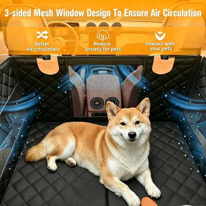 Premium Large Dog Car Seat with Triple Mesh Windows - Waterproof, Stable, Ventilated Quilted Back Seat Extender with Rigid Base, Ideal Protection Cover for Vehicles