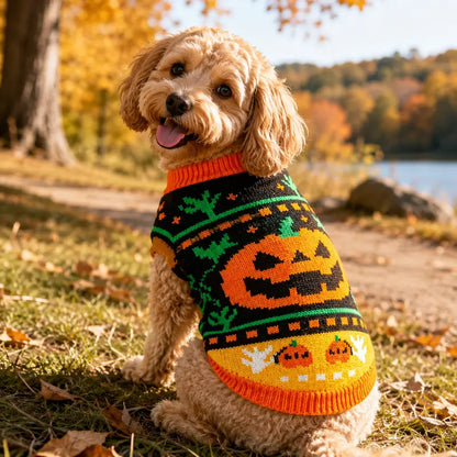 AUROTH Cozy Halloween Knitted Sweater for Small to Medium Dogs and Cats, Featuring Pumpkin and Ghost Design, Perfect Fall Outfit for Pets