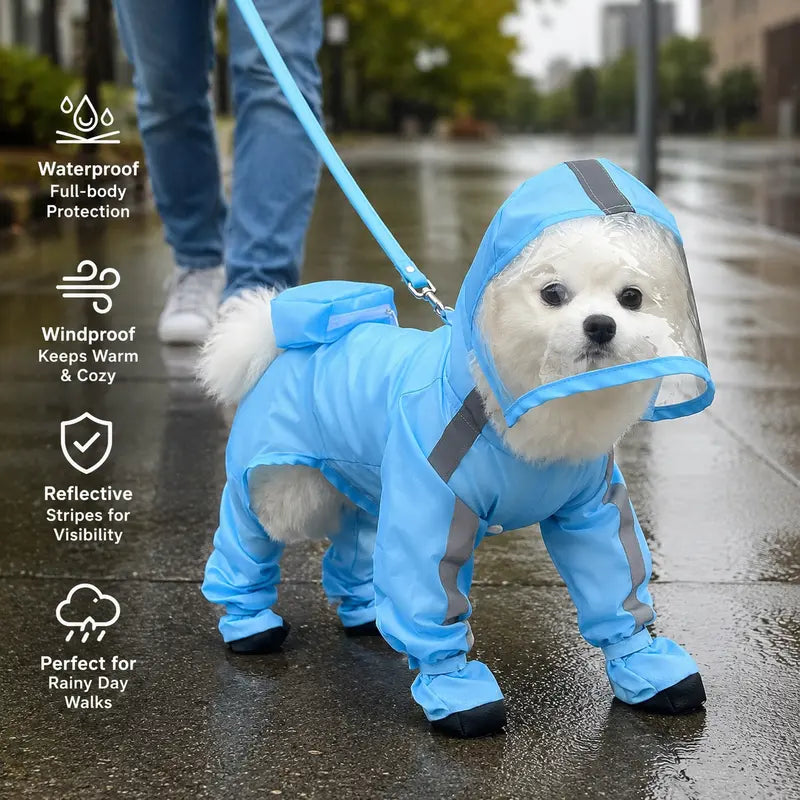 Small Dog Waterproof Poncho - Classic Solid Full Coverage Coat with Transparent Face Shield, Integrated Foot Covers, Breathable Mesh, and Visibility Strips for Enhanced Safety on Rainy Walks