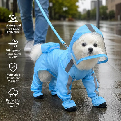 Small Dog Waterproof Poncho - Classic Solid Full Coverage Coat with Transparent Face Shield, Integrated Foot Covers, Breathable Mesh, and Visibility Strips for Enhanced Safety on Rainy Walks