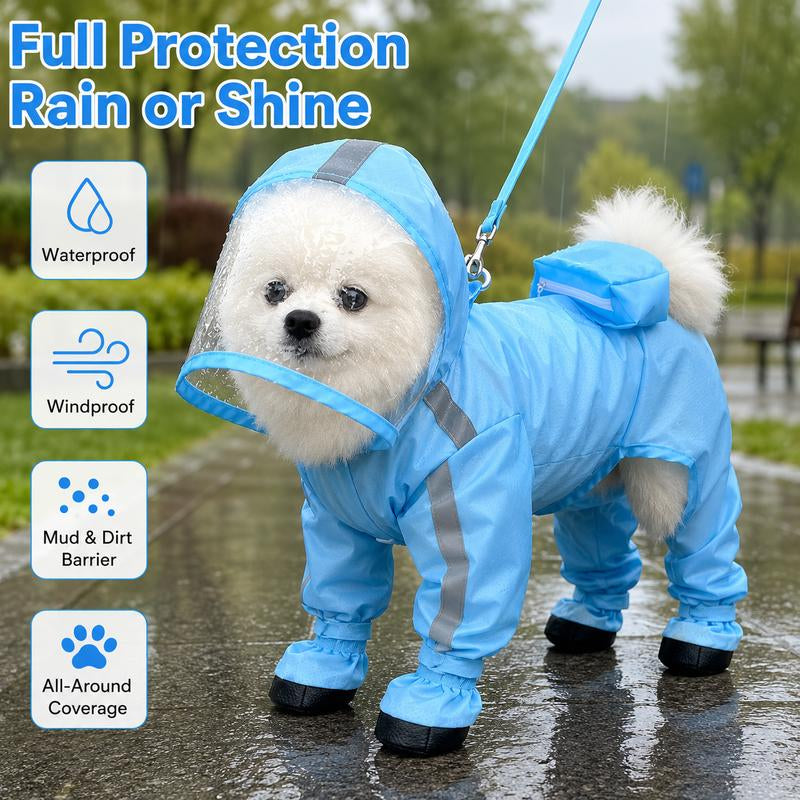 Small Dog Waterproof Poncho - Classic Solid Full Coverage Coat with Transparent Face Shield, Integrated Foot Covers, Breathable Mesh, and Visibility Strips for Enhanced Safety on Rainy Walks