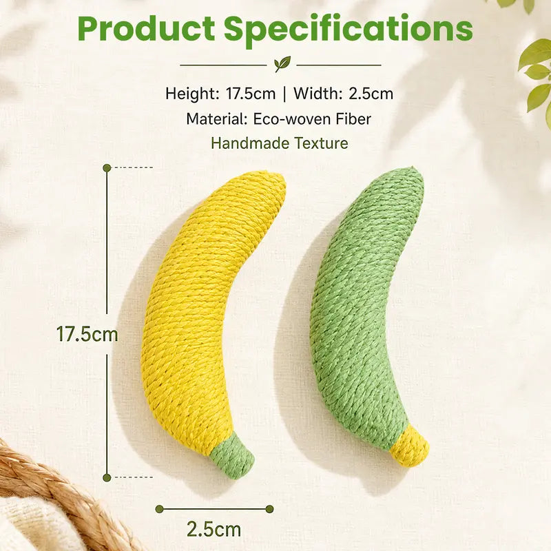 Sisal Banana Interactive Cat Toy - Compact 40g Textured Design for Chewing, Batting, and Scratching - Indoor Pet Play (Yellow/Green)