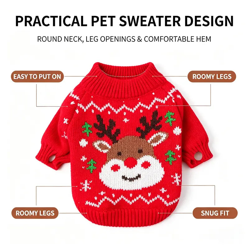 Red Cartoon Reindeer Print Knit Christmas Sweater for Small Dogs and Cats - Santa-Inspired Festive Knitwear Available in Multiple Sizes (X-Large)