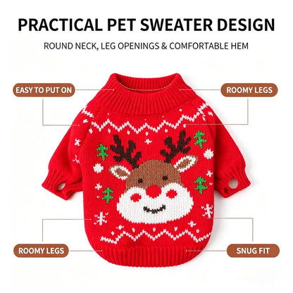 Red Cartoon Reindeer Print Knit Christmas Sweater for Small Dogs and Cats - Santa-Inspired Festive Knitwear Available in Multiple Sizes (X-Large)