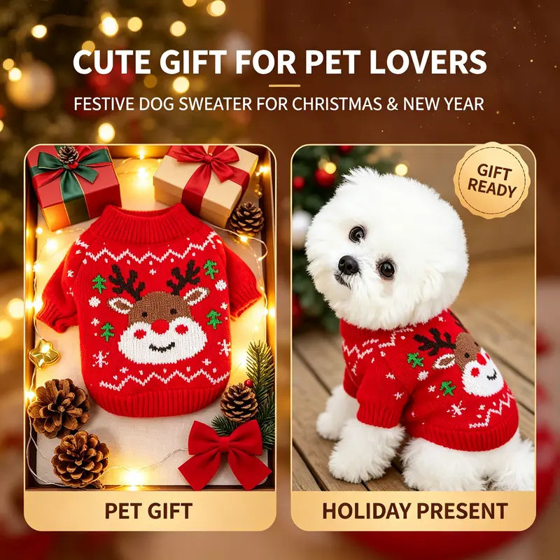 Red Cartoon Reindeer Print Knit Christmas Sweater for Small Dogs and Cats - Santa-Inspired Festive Knitwear Available in Multiple Sizes (X-Large)