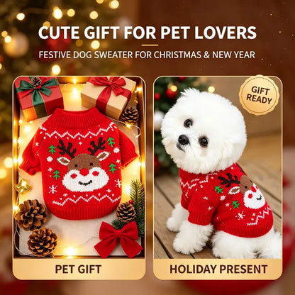 Red Cartoon Reindeer Print Knit Christmas Sweater for Small Dogs and Cats - Santa-Inspired Festive Knitwear Available in Multiple Sizes (X-Large)