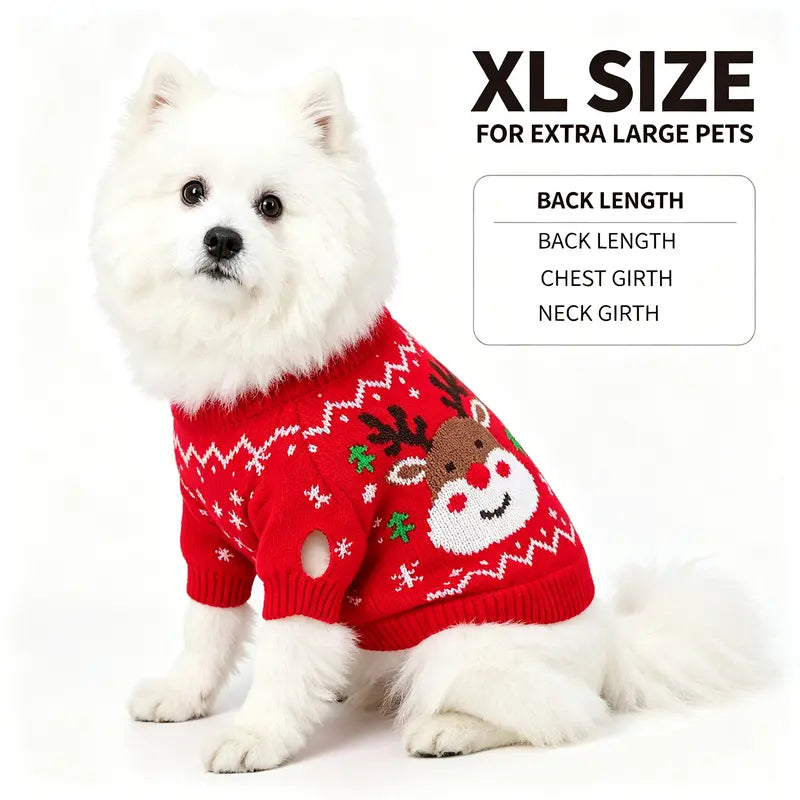 Red Cartoon Reindeer Print Knit Christmas Sweater for Small Dogs and Cats - Santa-Inspired Festive Knitwear Available in Multiple Sizes (X-Large)
