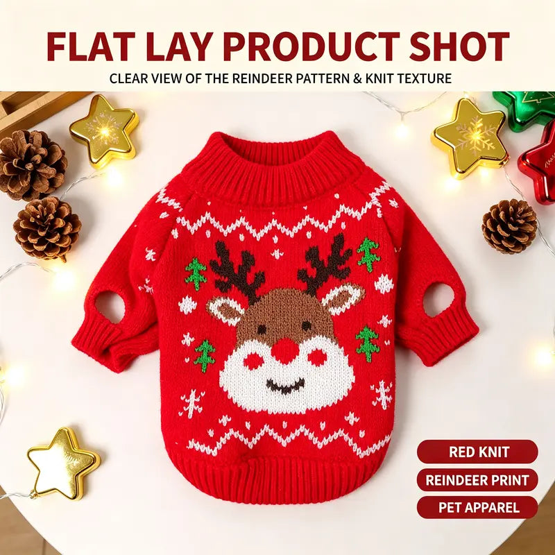 Red Cartoon Reindeer Print Knit Christmas Sweater for Small Dogs and Cats - Santa-Inspired Festive Knitwear Available in Multiple Sizes (X-Large)