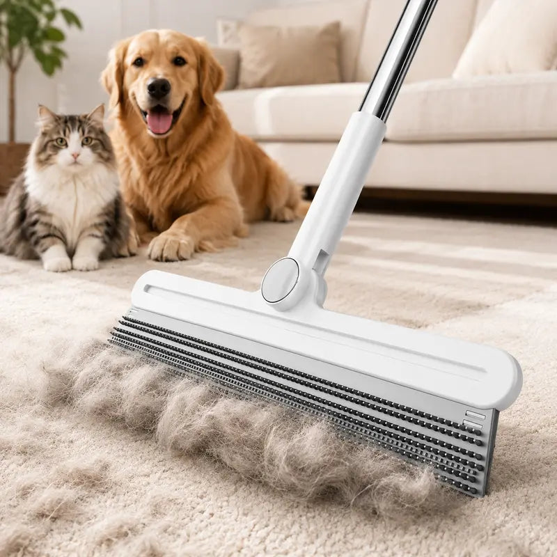 Professional Pet Hair Remover Rake and 180° Rotating Broom, Reusable Wet/Dry Squeegee and Silicone Scrubber for Carpets, Couches, Hardwood Floors, Bathrooms, and Pet Areas – Lint Roller Alternative for Rugs, Beds, Mats, and Furniture