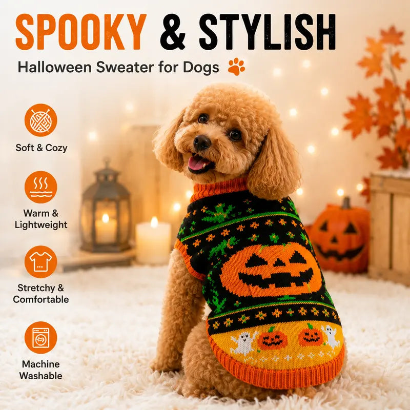 AUROTH Cozy Halloween Knitted Sweater for Small to Medium Dogs and Cats, Featuring Pumpkin and Ghost Design, Perfect Fall Outfit for Pets