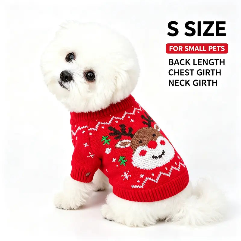 Red Cartoon Reindeer Print Knit Christmas Sweater for Small Dogs and Cats - Santa-Inspired Festive Knitwear Available in Multiple Sizes (X-Large)