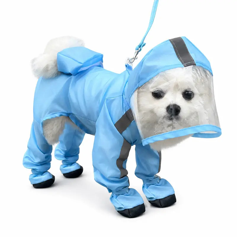 Small Dog Waterproof Poncho - Classic Solid Full Coverage Coat with Transparent Face Shield, Integrated Foot Covers, Breathable Mesh, and Visibility Strips for Enhanced Safety on Rainy Walks