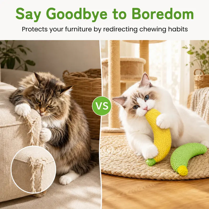 Sisal Banana Interactive Cat Toy - Compact 40g Textured Design for Chewing, Batting, and Scratching - Indoor Pet Play (Yellow/Green)