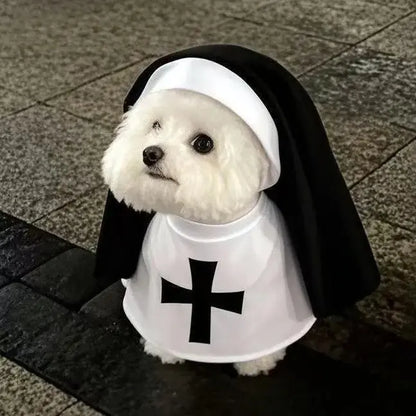 Unisex Polyester Halloween Pet Nun Costume with Hood and Band, Humorous All-Season Apparel for Small to Medium Dogs and Cats, Ideal for Parties and Photography