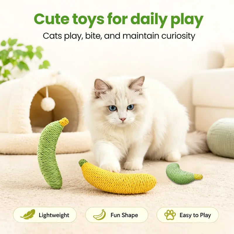 Sisal Banana Interactive Cat Toy - Compact 40g Textured Design for Chewing, Batting, and Scratching - Indoor Pet Play (Yellow/Green)