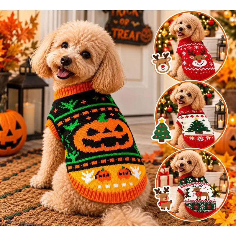 AUROTH Cozy Halloween Knitted Sweater for Small to Medium Dogs and Cats, Featuring Pumpkin and Ghost Design, Perfect Fall Outfit for Pets