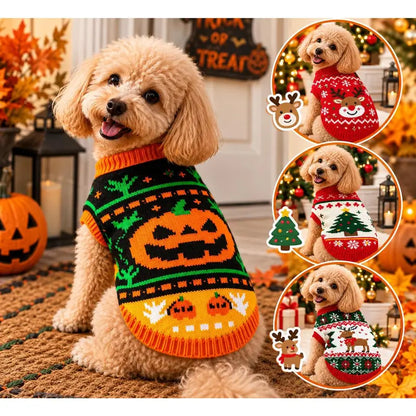 AUROTH Cozy Halloween Knitted Sweater for Small to Medium Dogs and Cats, Featuring Pumpkin and Ghost Design, Perfect Fall Outfit for Pets