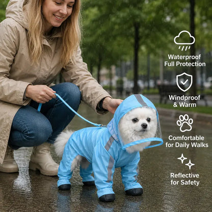 Small Dog Waterproof Poncho - Classic Solid Full Coverage Coat with Transparent Face Shield, Integrated Foot Covers, Breathable Mesh, and Visibility Strips for Enhanced Safety on Rainy Walks