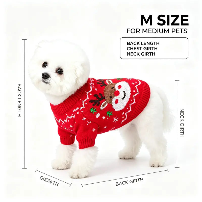 Red Cartoon Reindeer Print Knit Christmas Sweater for Small Dogs and Cats - Santa-Inspired Festive Knitwear Available in Multiple Sizes (X-Large)
