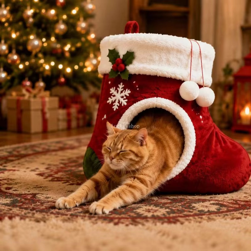 Weihnachtsstrumpf Katzenbett Warmes Plüsch-Haustierhöhle Schneeflocken- Und Efeu-Dekor Kleines Schlafnest Für Kätzchen