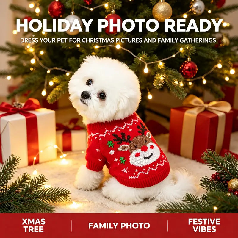 Red Cartoon Reindeer Print Knit Christmas Sweater for Small Dogs and Cats - Santa-Inspired Festive Knitwear Available in Multiple Sizes (X-Large)