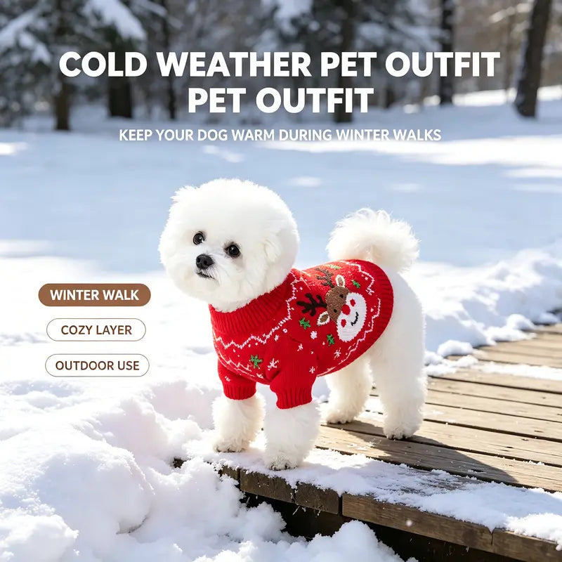 Red Cartoon Reindeer Print Knit Christmas Sweater for Small Dogs and Cats - Santa-Inspired Festive Knitwear Available in Multiple Sizes (X-Large)