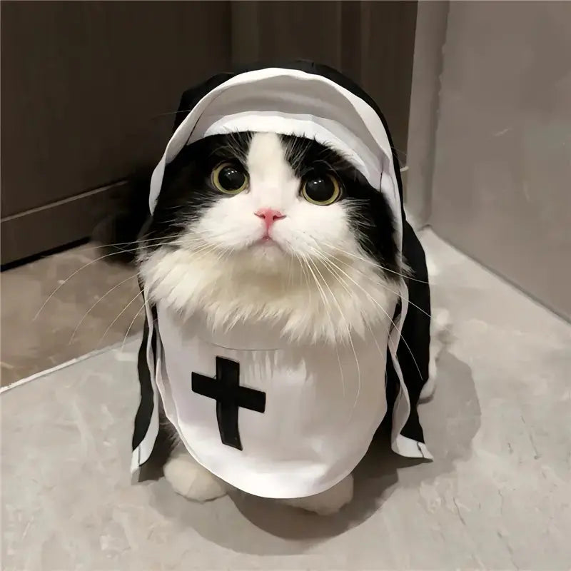 Unisex Polyester Halloween Pet Nun Costume with Hood and Band, Humorous All-Season Apparel for Small to Medium Dogs and Cats, Ideal for Parties and Photography