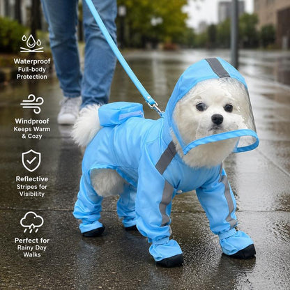Small Dog Waterproof Poncho - Classic Solid Full Coverage Coat with Transparent Face Shield, Integrated Foot Covers, Breathable Mesh, and Visibility Strips for Enhanced Safety on Rainy Walks