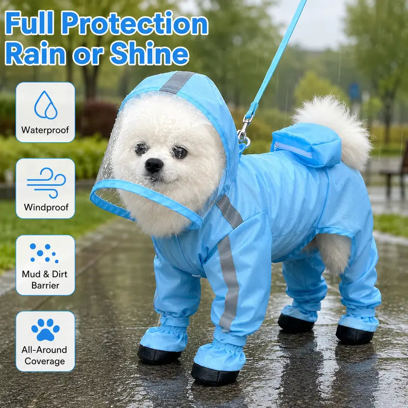 Small Dog Waterproof Poncho - Classic Solid Full Coverage Coat with Transparent Face Shield, Integrated Foot Covers, Breathable Mesh, and Visibility Strips for Enhanced Safety on Rainy Walks