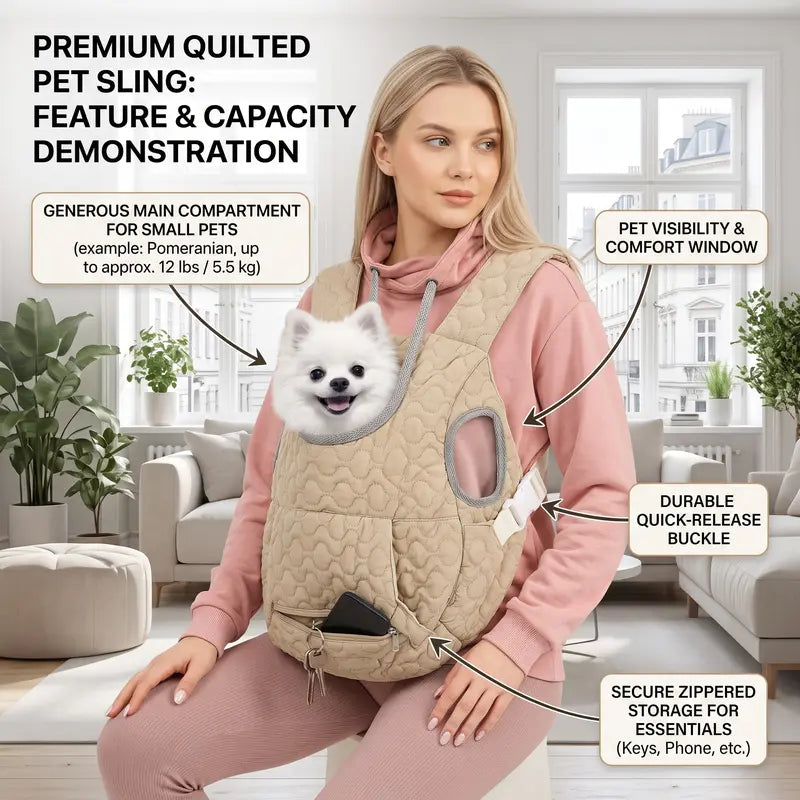 Quilted Front Carrier Backpack for Small Dogs and Cats - Hands-Free Travel Sling with Front Pocket for Outdoor Walking