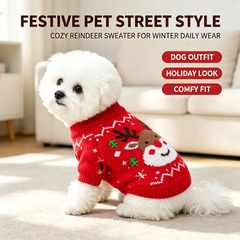 Red Cartoon Reindeer Print Knit Christmas Sweater for Small Dogs and Cats - Santa-Inspired Festive Knitwear Available in Multiple Sizes (X-Large)