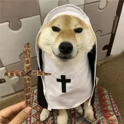 Unisex Polyester Halloween Pet Nun Costume with Hood and Band, Humorous All-Season Apparel for Small to Medium Dogs and Cats, Ideal for Parties and Photography