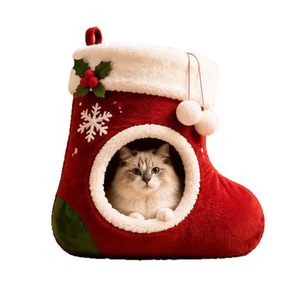 Weihnachtsstrumpf Katzenbett Warmes Plüsch-Haustierhöhle Schneeflocken- Und Efeu-Dekor Kleines Schlafnest Für Kätzchen
