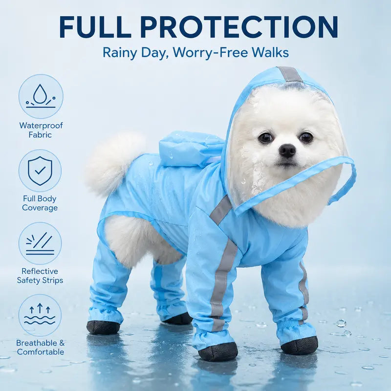 Small Dog Waterproof Poncho - Classic Solid Full Coverage Coat with Transparent Face Shield, Integrated Foot Covers, Breathable Mesh, and Visibility Strips for Enhanced Safety on Rainy Walks